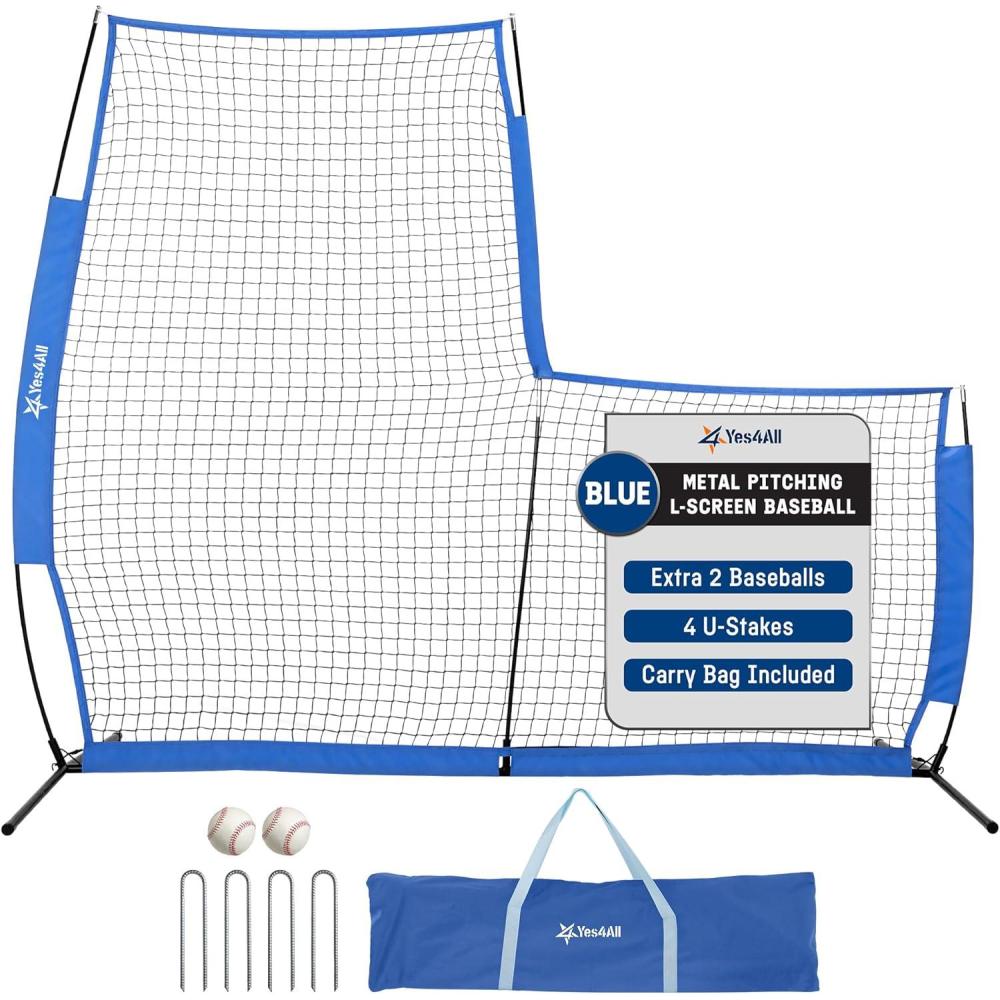 image:imagePortable LScreen Baseball 7x7ft with 2 Baseballs Rubber Wheels  L Screen Baseball for Batting Cage Protective Pitching Screen Net Double Layers Carry Bag IncludedB L Screen Baseball version Light 7 x 7
