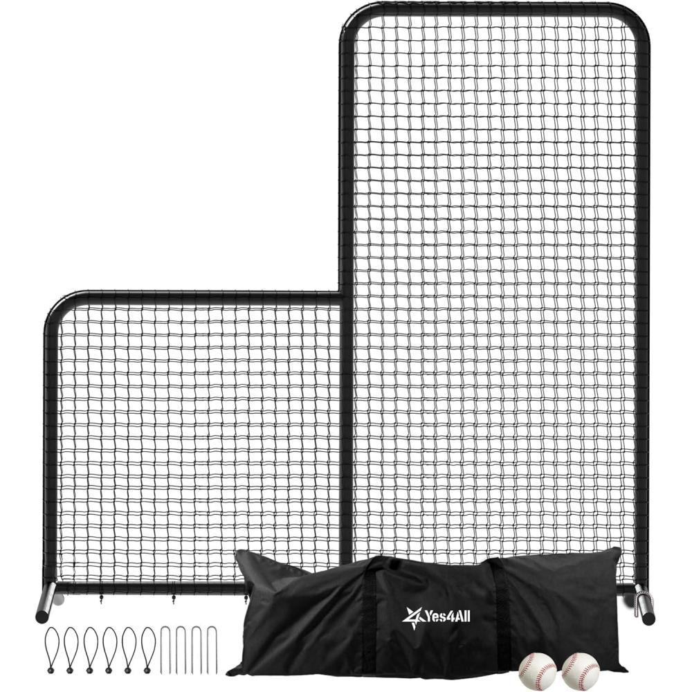 image:imagePortable LScreen Baseball 7x7ft with 2 Baseballs Rubber Wheels  L Screen Baseball for Batting Cage Protective Pitching Screen Net Double Layers Carry Bag Included7x7 ft LScreen No Wheel