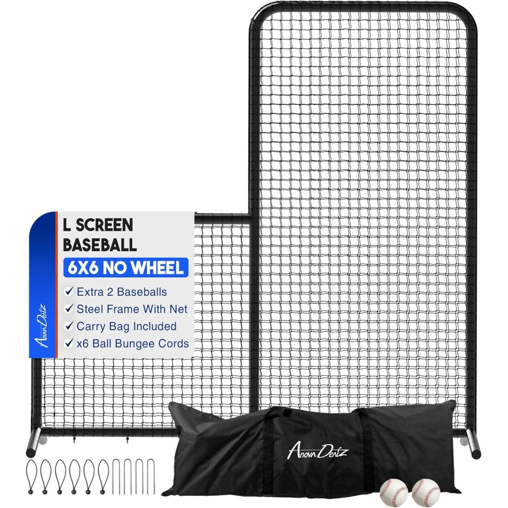 image:imagePortable LScreen Baseball 7x7ft with 2 Baseballs Rubber Wheels  L Screen Baseball for Batting Cage Protective Pitching Screen Net Double Layers Carry Bag Included6x6 ft LScreen No Wheel