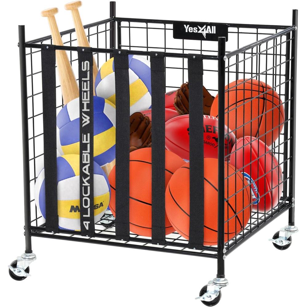 image:imageYES4ALL Rolling Ball Cart Storage with Lockable Wheels Volleyball Basketball Holder Toy Balls Bin Garage Cage Storage Racks Sports Equipment Organizer Ball Rack for Outdoor Indoor UseBall Storage