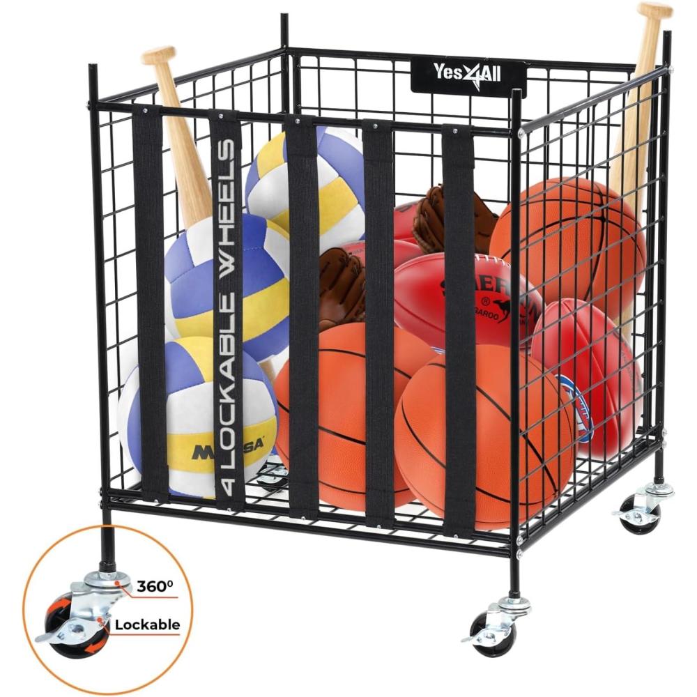 image:imageYES4ALL Rolling Ball Cart Volleyball Basketball Holder Toy Balls Bin for Garage Cage Storage Racks with Lockable Wheels Sports Equipment Organizer Ball Rack for Outdoor Indoor Use