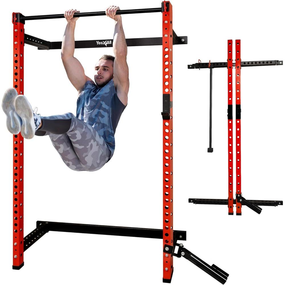 image:imageYes4All 2 x 2 Tube with 1 Hole Space Saving Folding Wall Mounted Squat Rack for Home Gym 1000lbs Capacity Steel Power Cage with Adjustable PullUp Bar 360 Degree Landmine amp Strong Steel JHooks