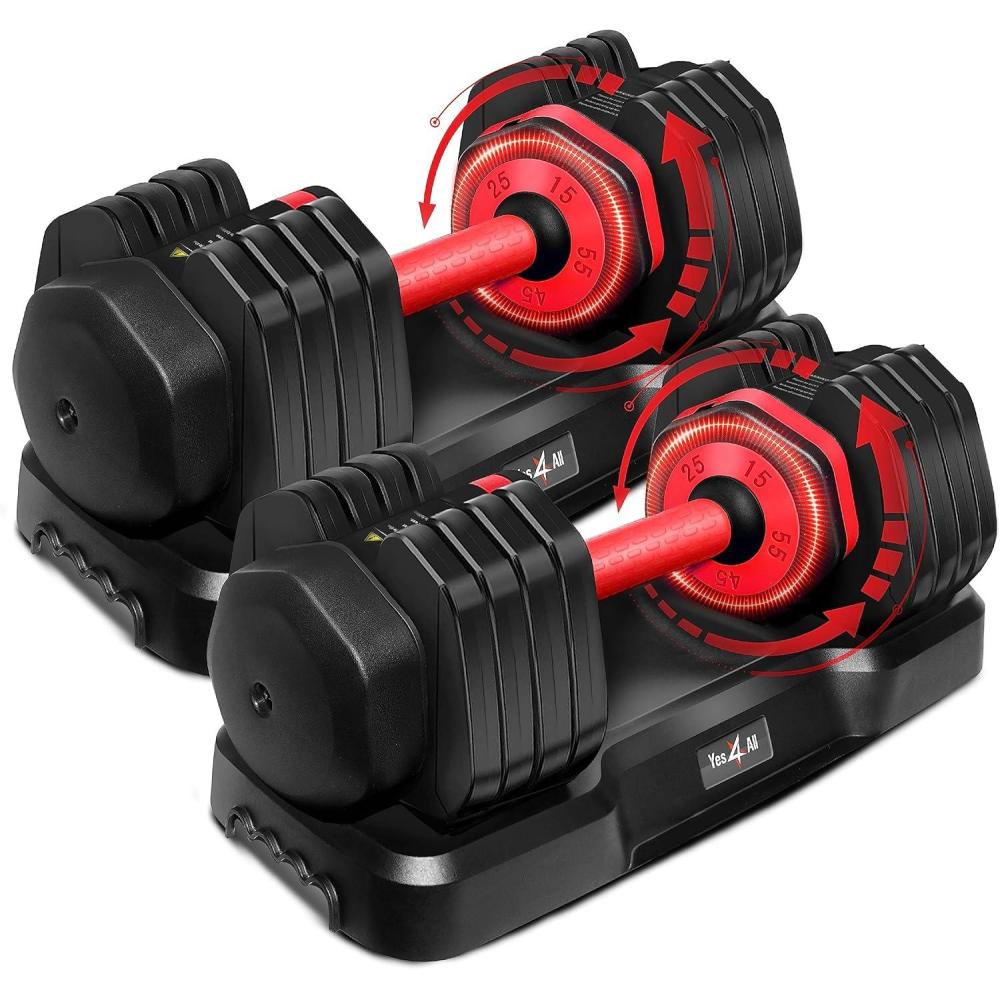 image:imageYes4All 2555LB SinglePair Adjustable Dumbbells Weights 5 in 1 Free Weights Dumbbell with One Second Dial Handle for Different Workout LevelsRed Grip
