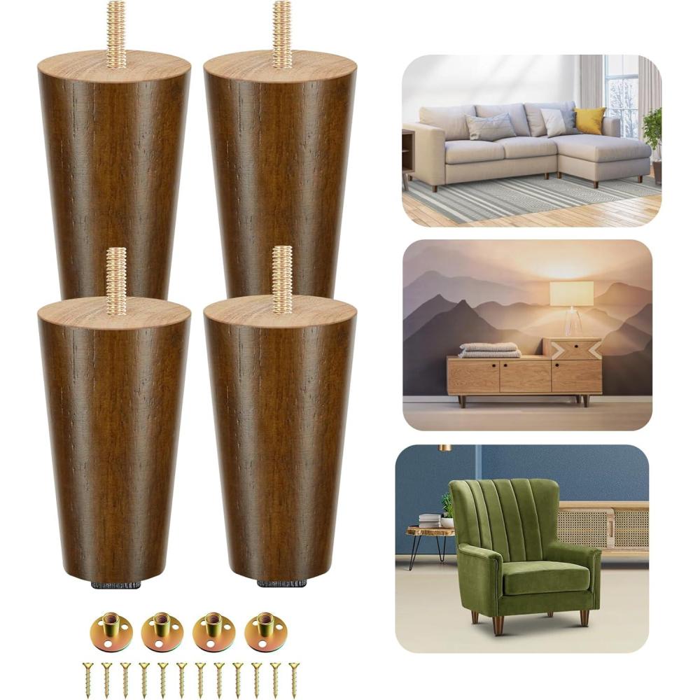 image:imageYes4All 3 Inches Square Wood Furniture Legs Set of 4 Wooden Replacement Feet for Couch Adjustable Sofa Ottomans Tapered Leg with Leveler Brown Solid Wood Parts for Table ChairRound Brown