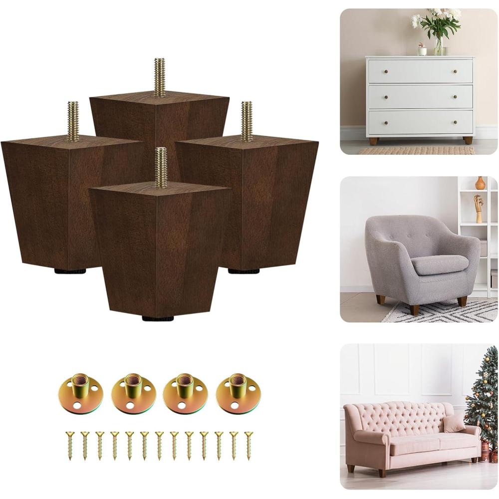 image:imageYes4All 3 Inches Square Wood Furniture Legs Set of 4 Wooden Replacement Feet for Couch Adjustable Sofa Ottomans Tapered Leg with Leveler Brown Solid Wood Parts for Table ChairSquare Brown
