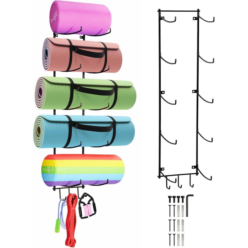 image:imageYes4All 3Tier and 5Tier Steel Yoga Mat Rack Organizer Wall Mount with 3 Hooks Foam Roller Holder Wall Mount Rack For Yoga Mat Storage Hanging Yoga Strap and Resistance Bands