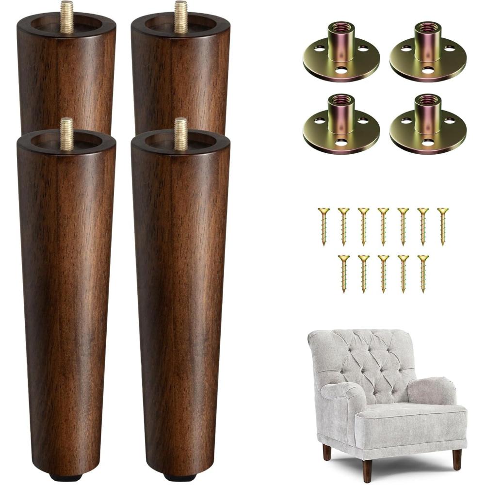image:imageYes4All 45 Inches Square Wood Furniture Legs Set of 4 Wooden Replacement Feet for Couch Bed Bench Adjustable Sofa Ottomans Tapered Leg with Leveler Nature Rubber Wood Parts for Table ChairRound Brown