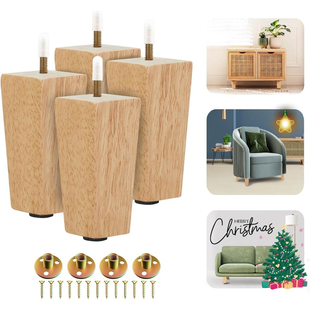 image:imageYes4All 45 Inches Square Wood Furniture Legs Set of 4 Wooden Replacement Feet for Couch Bed Bench Adjustable Sofa Ottomans Tapered Leg with Leveler Nature Rubber Wood Parts for Table ChairNatural