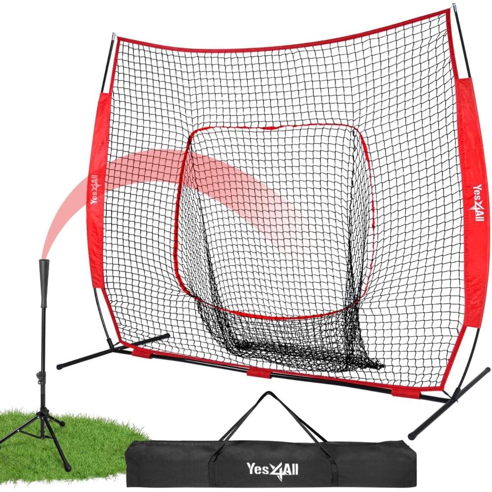 image:imageYes4All 7x7ft Baseball Net with Batting Tee Durable Softball Nets for Hitting and Pitching Practice Backstop Net for Backyard Training