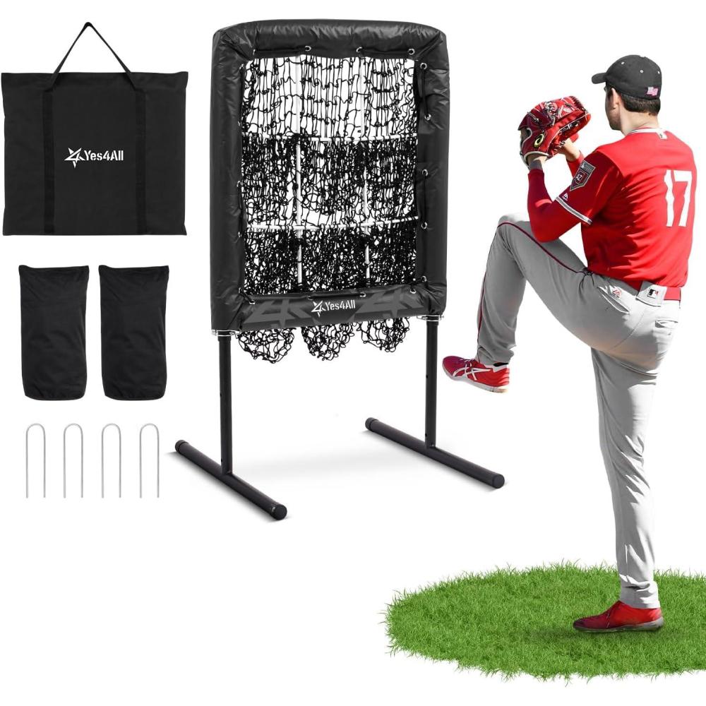 image:imageYes4All 9 Hole Pitching Net PreInstalled Pitching Target amp U Frame FoamPadded 4Height Adjustable Pitching Net with Strike Zone Upgraded Bungee Cord 2 Sandbags amp 4 Ground Stakes Included