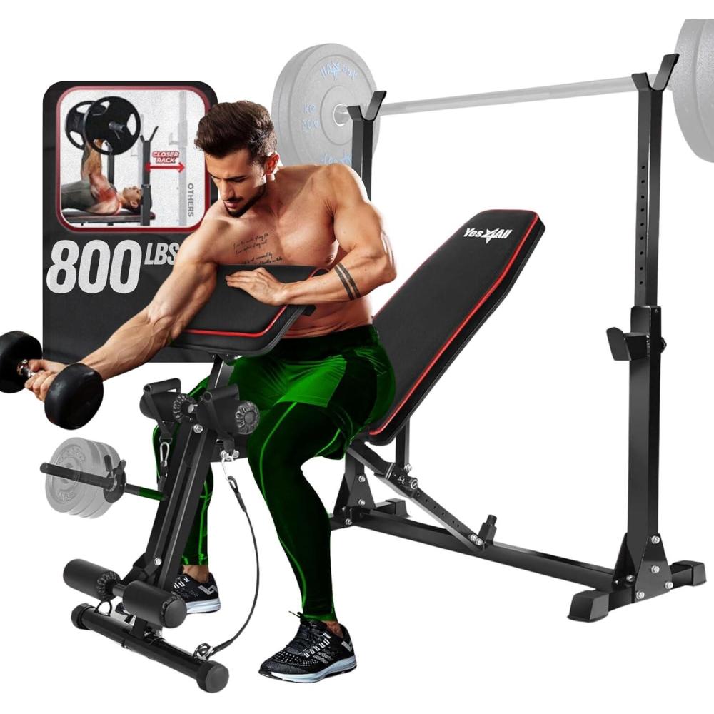 image:imageYes4All Adjustable Weight Bench with Rack 800lbs Workout Bench Press with Leg Extension Preacher Curl Pad amp Resistance Bands for Home GymA Adjustable Weight Bench with Rack
