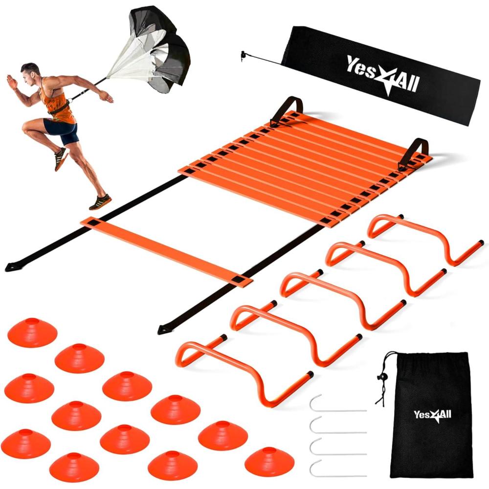 image:imageYes4All Agility Ladder Speed Training Equipment Set  1 Adjustable Agility Ladder 12 Soccer Cones 5 Hurdles Jump Rope Running Parachute  Speed amp Agility Training Equipment for All AgesB Set Orange