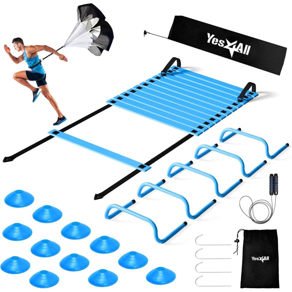 image:imageYes4All Agility Ladder Speed Training Equipment Set  1 Adjustable Agility Ladder 12 Soccer Cones 5 Hurdles Jump Rope Running Parachute  Speed amp Agility Training Equipment for All AgesC Set Blue with Jump Rope