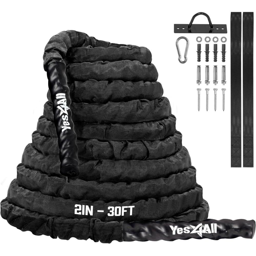 image:imageYes4All Battle Ropes Workout Rope with Cover Steel Anchor amp Strap Included Heavy Ropes for Exercise Training  152 Inch Diameter 30 40 50 Ft LengthBlack