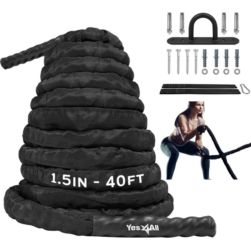 image:imageYes4All Battle Ropes Workout Rope with Cover Steel Anchor amp Strap Included Heavy Ropes for Exercise Training  152 Inch Diameter 30 40 50 Ft LengthGrey  15in  40ft