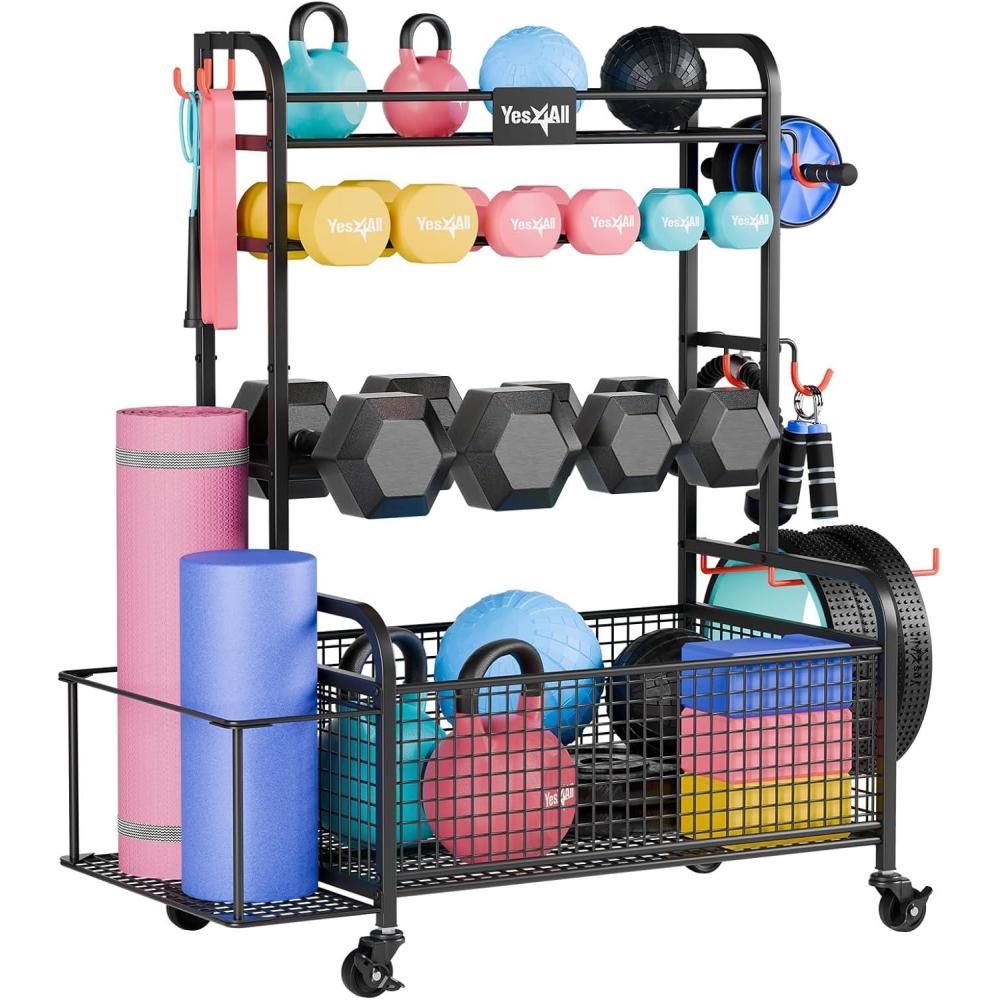 image:imageYes4All Dumbbell Rack Weight Rack for Home Gym Sports Equipment Organizer for Dumbbells Kettlebells Yoga Mat Foam Roller and Balls All in One Gym Workout Storage with Wheels and HooksBlack w Basket