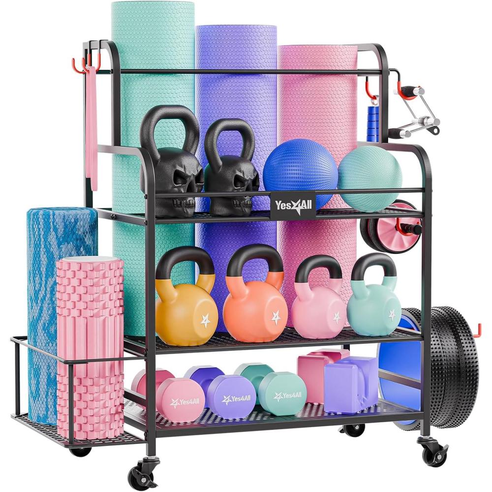 image:imageYes4All Dumbbell Rack Weight Rack for Home Gym Sports Equipment Organizer for Dumbbells Kettlebells Yoga Mat Foam Roller and Balls All in One Gym Workout Storage with Wheels and HooksBlack