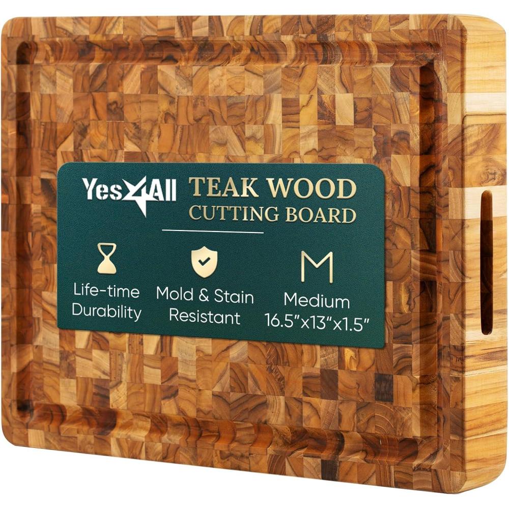 image:imageYes4All Durable Teak Cutting Boards for Kitchen 17L x 13W x 15 Thick Medium End Grain Cutting Board Pre Oiled Wood Cutting Boards Thick Chopping Board wJuice Grooves and Easy Grip Handle