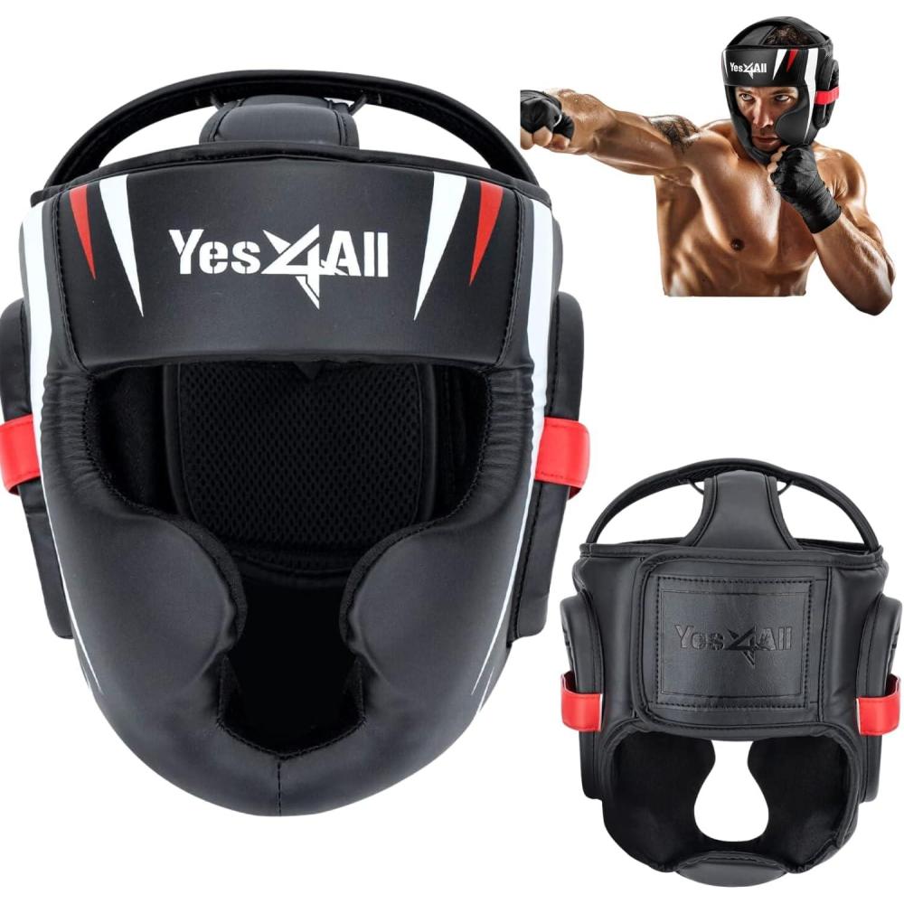 image:imageYes4All Extreme Full Face Boxing Headgear Adjustable Sparring Headgear Martial Arts Helmet with PU Leather for Muay Thai MMA Training Sparring KickboxingBlack