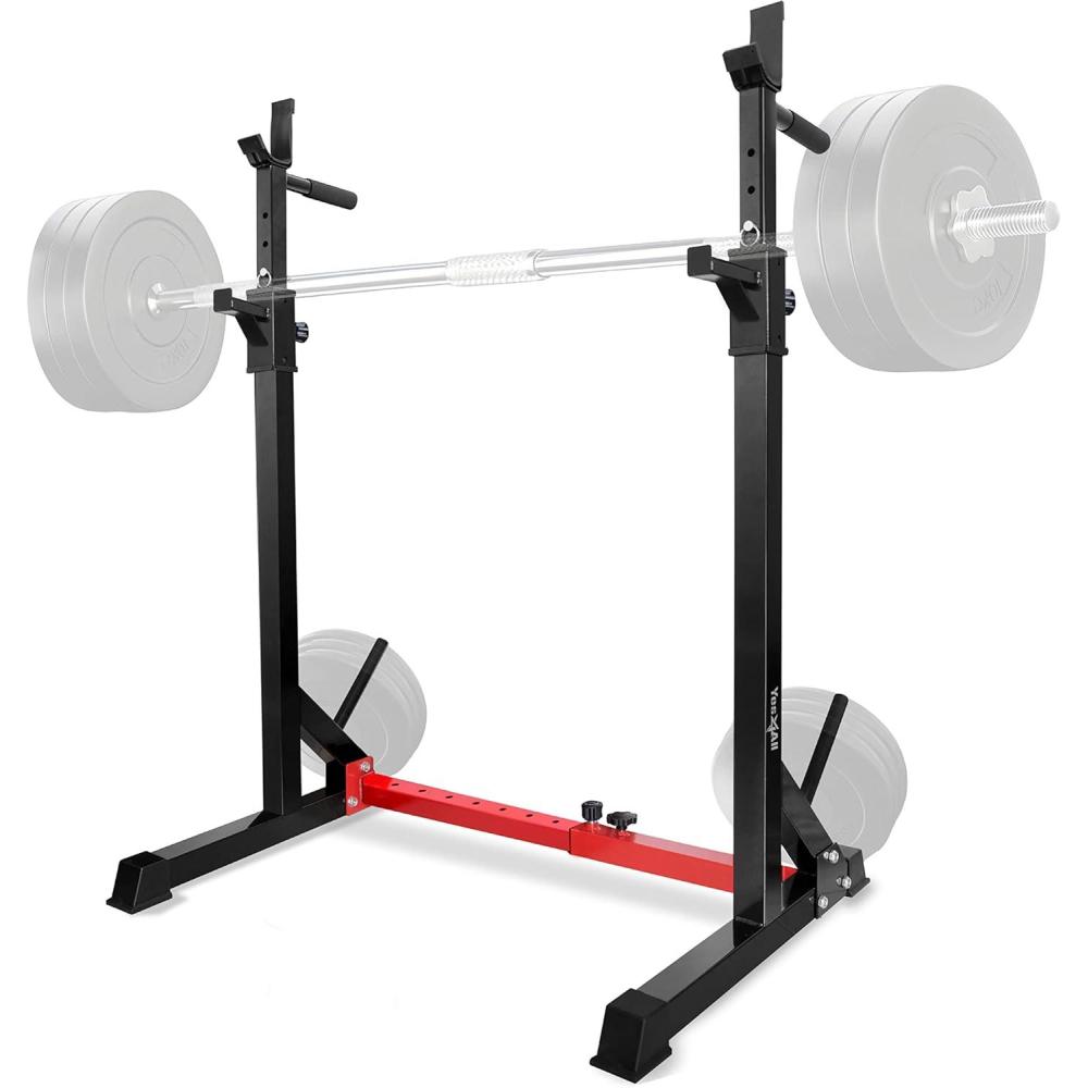 image:imageYes4All Squat Rack for Home Gym Adjustable Barbell Stand Rack MultiFunction Weight Lifting Dip Bar Station Bench Press Rack Stand Weight Plate Storage  Capacity Up to 600LBSBarbell Squat Rack  Red  550 lbs