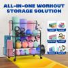 Yes4All Dumbbell Rack, Weight Rack for Home Gym, Sports Equipment Organizer for Dumbbells Kettlebells Yoga Mat Foam Roller and Balls, All in One Gym Workout Storage with Wheels and Hooks(Black)