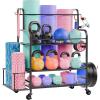 Yes4All Dumbbell Rack, Weight Rack for Home Gym, Sports Equipment Organizer for Dumbbells Kettlebells Yoga Mat Foam Roller and Balls, All in One Gym Workout Storage with Wheels and Hooks(Black)