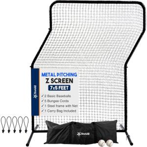 Portable L-Screen Baseball 7x7ft with 2 Baseballs, Rubber Wheels – L Screen Baseball for Batting Cage, Protective Pitching Screen Net Double Layers, Carry Bag Included(7×5 ft Z-Screen No Wheel)