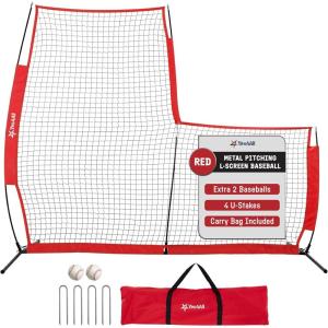 Portable L-Screen Baseball 7x7ft with 2 Baseballs, Rubber Wheels – L Screen Baseball for Batting Cage, Protective Pitching Screen Net Double Layers, Carry Bag Included(A. L Screen Baseball version Light 7 x 7)