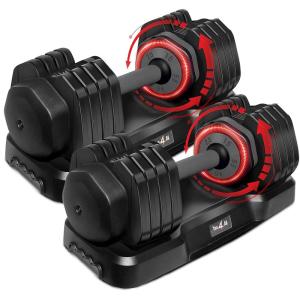 Yes4All 25/55LB Adjustable Dumbbells Pair/Single, 5-in-1 Dumbbells Adjustable Weights with Anti-Slip Handle & Sturdy Prolocks(55LBS – Pair – Grey Grip)