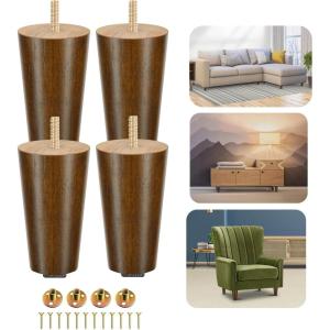 Yes4All 3 Inches Square Wood Furniture Legs Set of 4 – Wooden Replacement Feet for Couch – Adjustable Sofa, Ottomans Tapered Leg with Leveler – Brown Solid Wood Parts for Table, Chair(Round Brown)