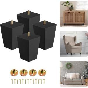 Yes4All 3 Inches Square Wood Furniture Legs Set of 4 – Wooden Replacement Feet for Couch – Adjustable Sofa, Ottomans Tapered Leg with Leveler – Brown Solid Wood Parts for Table, Chair(Square Black)