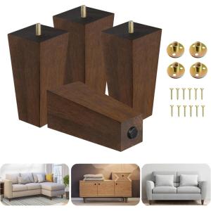 Yes4All 3 Inches Square Wood Furniture Legs Set of 4 – Wooden Replacement Feet for Couch – Adjustable Sofa, Ottomans Tapered Leg with Leveler – Brown Solid Wood Parts for Table, Chair(Square Wood Leg)