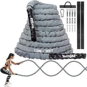 Yes4All Battle Ropes, Workout Rope with Cover, Steel Anchor & Strap Included, Heavy Ropes for Exercise Training – 1.5/2 Inch Diameter, 30, 40, 50 Ft Length(1.5in – 30ft)