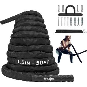 Yes4All Battle Ropes, Workout Rope with Cover, Steel Anchor & Strap Included, Heavy Ropes for Exercise Training – 1.5/2 Inch Diameter, 30, 40, 50 Ft Length(1.5in – 50ft)