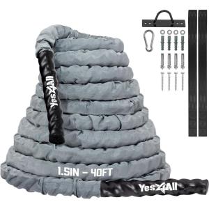 Yes4All Battle Ropes, Workout Rope with Cover, Steel Anchor & Strap Included, Heavy Ropes for Exercise Training – 1.5/2 Inch Diameter, 30, 40, 50 Ft Length(1.5in – 40ft)