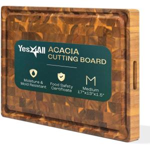Yes4All Large Teak Cutting Boards for Kitchen, 20″x15″x1.5″ End Grain Butcher Block with Food-Friendly Surface, Durable Wood Chopping Board with Juice Grooves and Easy-Grip Handle for Home Prep(Acacia)