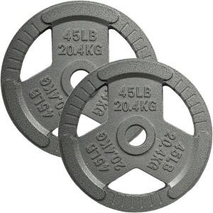 Yes4All Tri-Grip Handles Cast Iron Olympic Weight Plates, 2-Inch Weight Plates for Weight Lifting with Smooth and Durable Finish, Suitable for Strength Training Exercises (Single, Pair and Set)(J. 45LB (Pair – Gray))