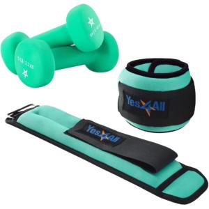 Yes4All Wrist & Ankle Weights Pair 1lb -10lbs, Adjustable Strap for Walking, Jogging, Pilates, Gym Fitness Workout for Women, Men(I. Combo Wrist Weight (2.5lbs x2) + Dumbbell (5lbs x 2) – Green)