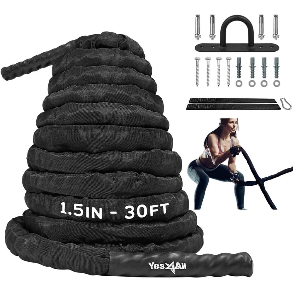 image:imageYes4All Battle Rope with Protective Cover Steel Anchor amp Strap Included Poly Dacron 15in 30ft