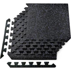 Yes4All Heavy Duty 100% High Density Rubber Floor Tiles Interlocking Mat- 6 Pcs 24 SQFT, Black Red(Blue Dot)